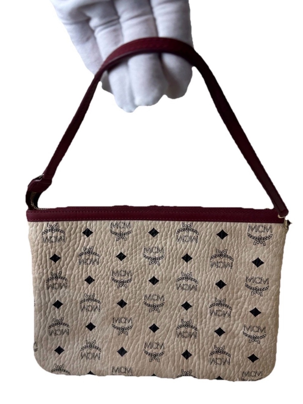 MCM Monogram Visetos Zip Clutch Tote in Beige and Burgundy with Silver Hardware